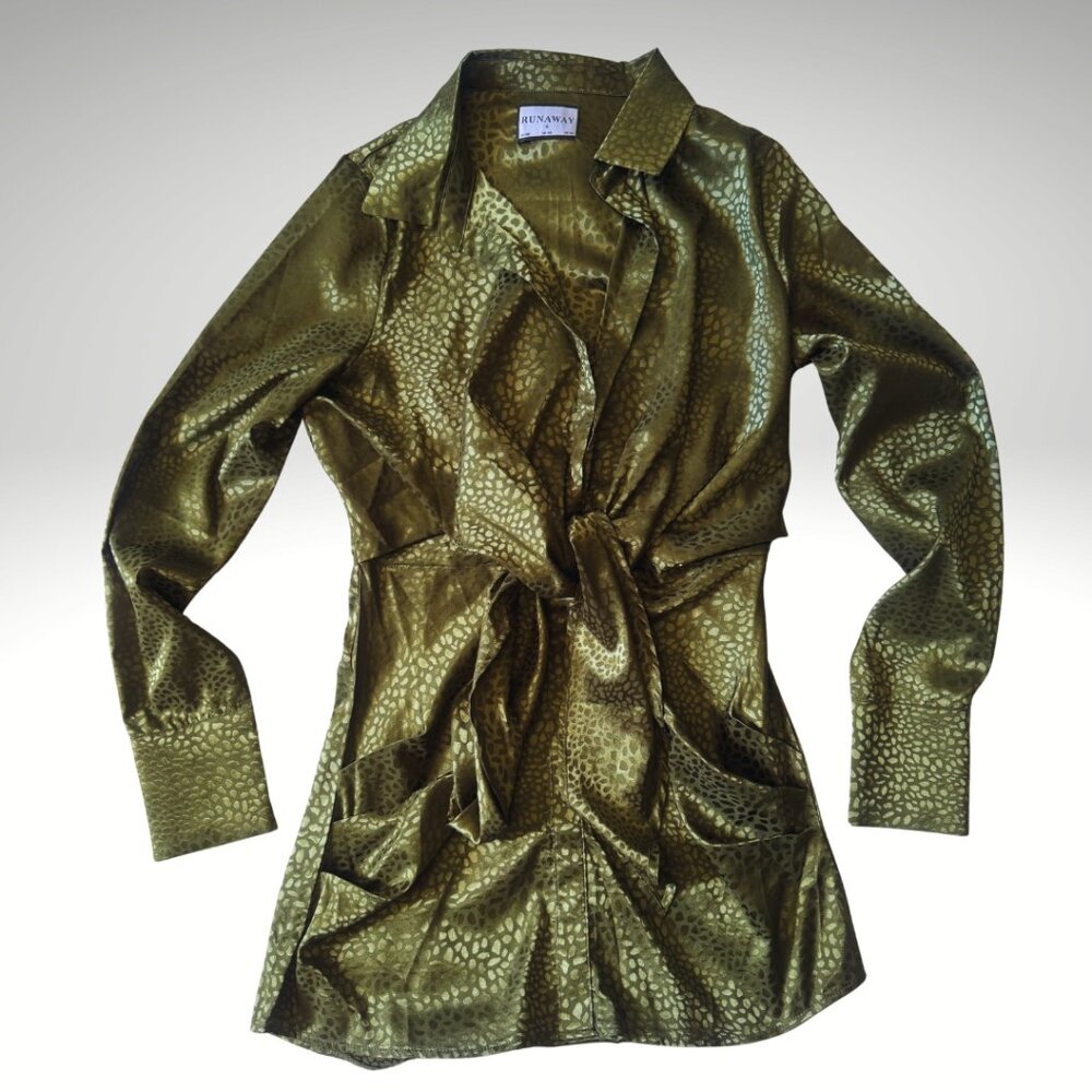 Runaway Green Satin Print Shirt Dress Size Small